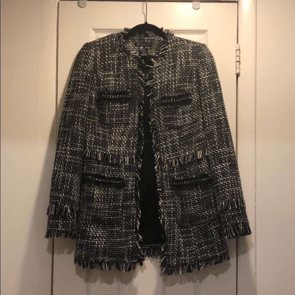 SOLD Tweed coat black white frayed chanel-ish